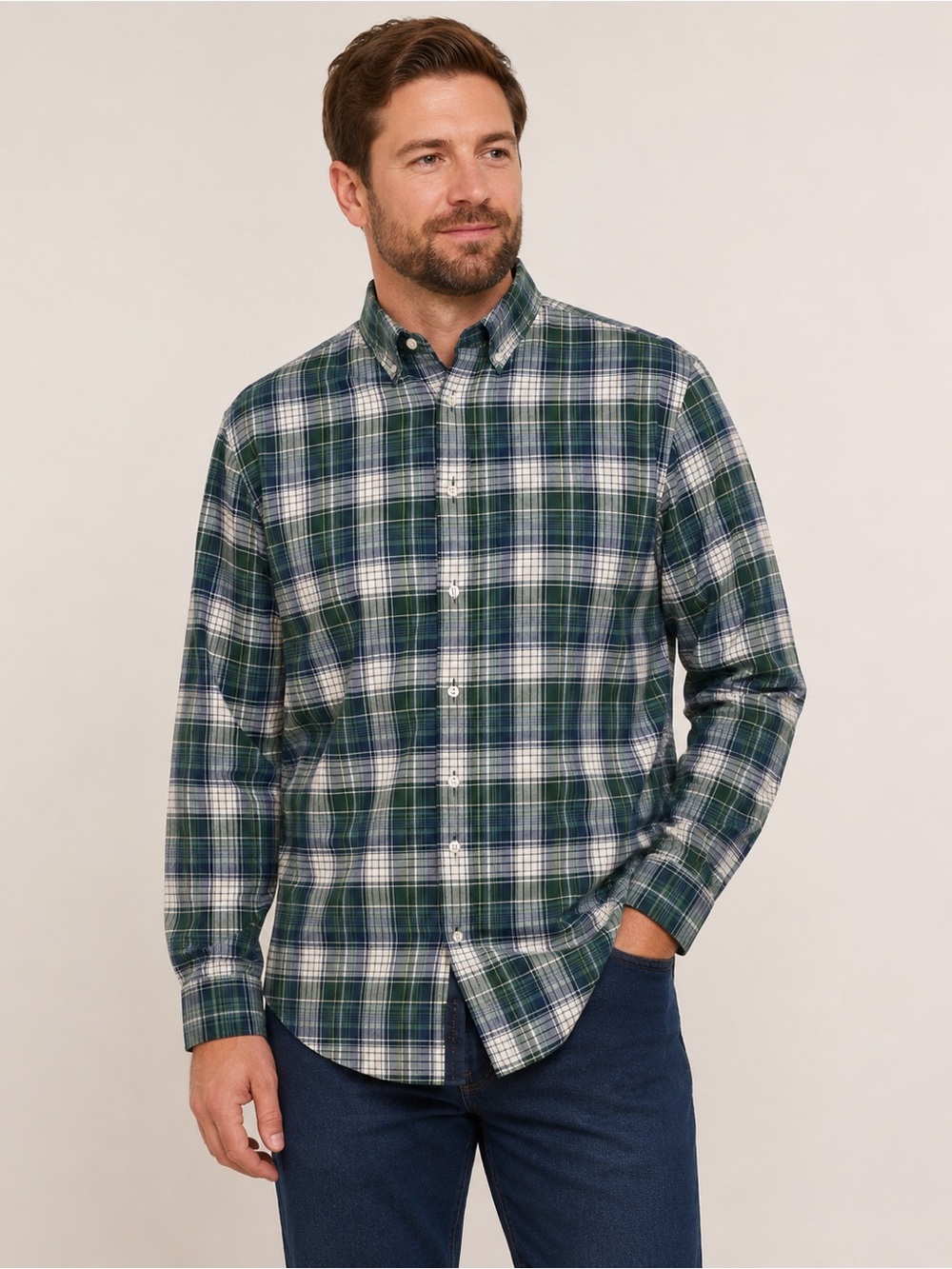 Denver Hayes Men’s Large Green Navy Plaid Classic Fit Button Down Shirt